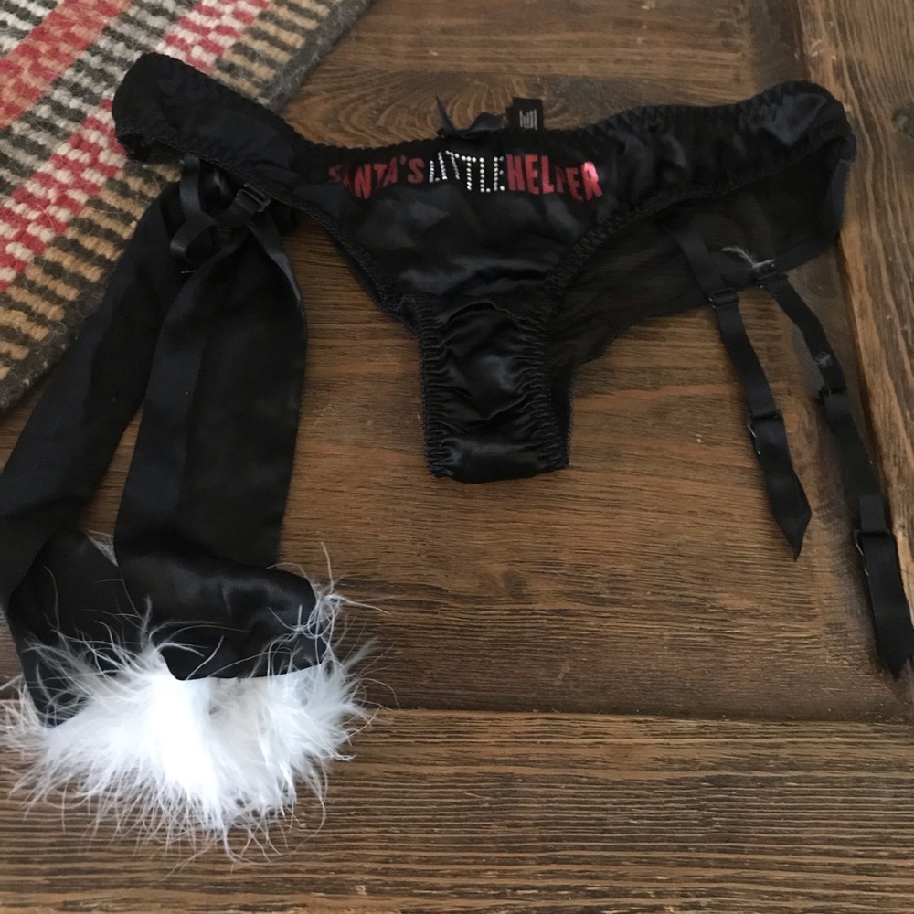 Black silky VS panties with feather sash